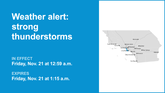 Weather alert for strong thunderstorms in Los Angeles County Beaches and Palos Verdes Peninsula until 1 a.m. Friday